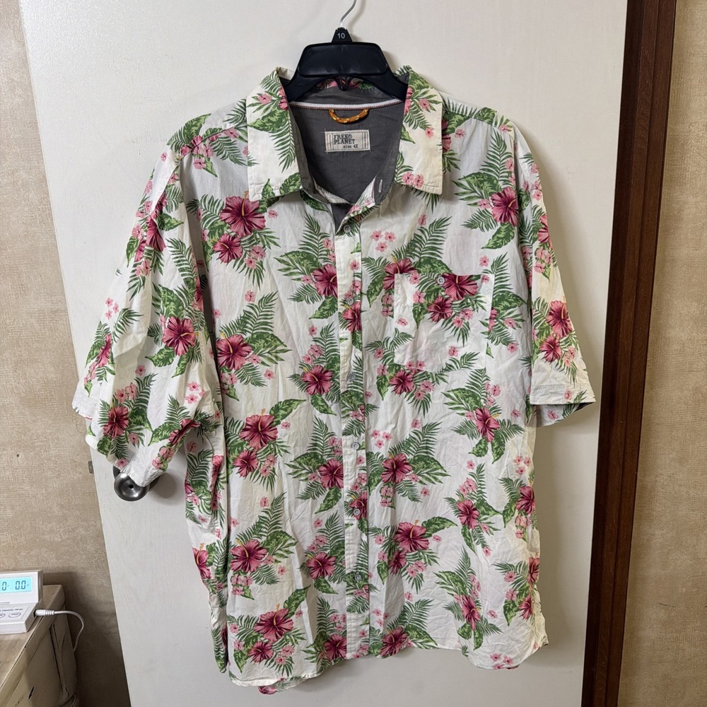 Mens Size 4X Free Planet Shirt Short Sleeve Tropical Floral Print Button Up